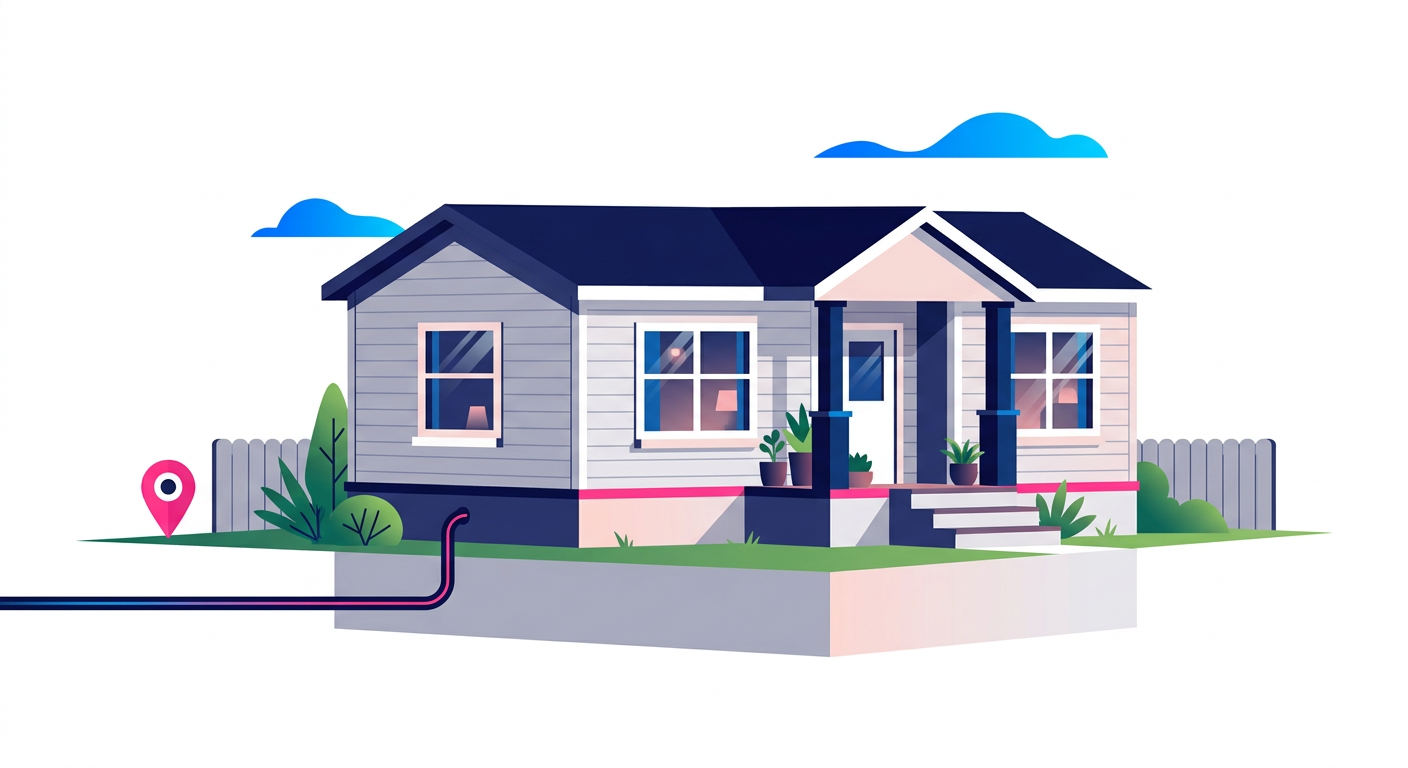 A manufactured mobile home on a fixed foundation with a location pin and a fiber line running to it