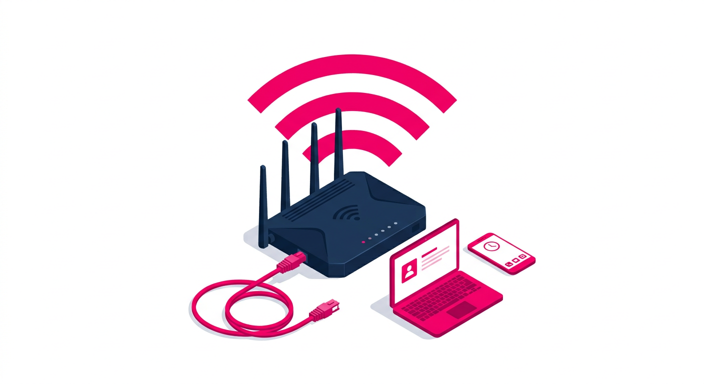 A Wi-Fi router connected by fiber, beaming signal to a laptop and phone